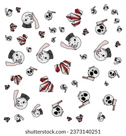 Halloween orange festive seamless pattern. Endless backgrounds with pumpkins, skulls, bats, spiders, ghosts, bones, candy, spider webs and speech bubbles with boos
