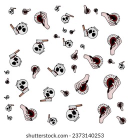 Halloween orange festive seamless pattern. Endless backgrounds with pumpkins, skulls, bats, spiders, ghosts, bones, candy, spider webs and speech bubbles with boos