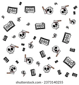 Halloween orange festive seamless pattern. Endless backgrounds with pumpkins, skulls, bats, spiders, ghosts, bones, candy, spider webs and speech bubbles with boos