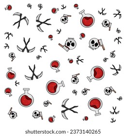 Halloween orange festive seamless pattern. Endless backgrounds with pumpkins, skulls, bats, spiders, ghosts, bones, candy, spider webs and speech bubbles with boos