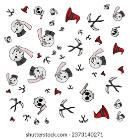 Halloween orange festive seamless pattern. Endless backgrounds with pumpkins, skulls, bats, spiders, ghosts, bones, candy, spider webs and speech bubbles with boos