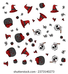Halloween orange festive seamless pattern. Endless backgrounds with pumpkins, skulls, bats, spiders, ghosts, bones, candy, spider webs and speech bubbles with boos