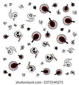 Halloween orange festive seamless pattern. Endless backgrounds with pumpkins, skulls, bats, spiders, ghosts, bones, candy, spider webs and speech bubbles with boos