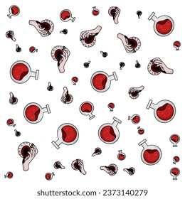 Halloween orange festive seamless pattern. Endless backgrounds with pumpkins, skulls, bats, spiders, ghosts, bones, candy, spider webs and speech bubbles with boos