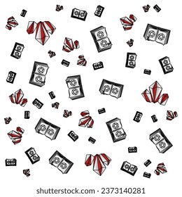 Halloween orange festliches, nahtloses Muster. Endlose Hintergründe mit Kürbis, Schädeln, Fledermäusen, Spinnen, Geistern, Knochen, Süßigkeiten, Spinnennetze und Spitzblasen mit Boos