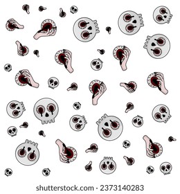 Halloween orange festive seamless pattern. Endless backgrounds with pumpkins, skulls, bats, spiders, ghosts, bones, candy, spider webs and speech bubbles with boos