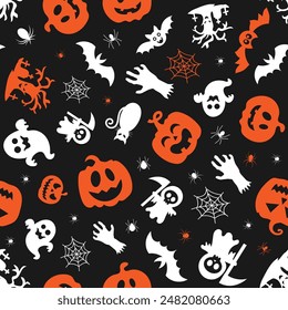  Halloween orange festive seamless pattern. Endless background with pumpkins, bats, spiders, ghosts, bones, candies and spider web.