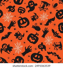  Halloween orange festive seamless pattern. Endless background with pumpkins, bats, spiders, ghosts, bones, candies and spider web.