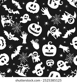  Halloween orange festive seamless pattern. Endless background with pumpkins, bats, spiders, ghosts, bones, candies and spider web.