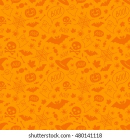 Halloween orange festive seamless pattern. Endless background with pumpkins, skulls, bats, spiders, ghosts, bones, candies, spider web and speech bubble with boo