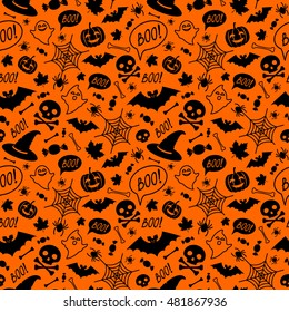 Halloween orange festive seamless pattern  Endless background and pumpkins  skulls  bats  spiders  ghosts  bones  candies  spider web   speech bubble and boo