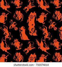 Halloween orange festive seamless pattern. Endless background with pumpkins, skulls, bats, spiders, ghosts, bones, candies, spider web and speech bubble with boo