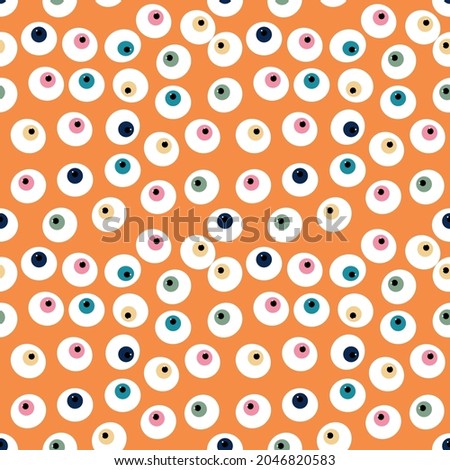 Halloween orange festive seamless pattern. Endless background with pumpkins, skulls, ghosts, bones, candies, spider web ,eye,autum and fall theme for paper,wrapping,carpet,wallpaper,fabric art work