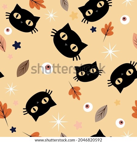 Halloween orange festive seamless pattern. Endless background with pumpkins, skulls, ghosts, bones, candies, spider web ,eye,autum and fall theme for paper,wrapping,carpet,wallpaper,fabric art work