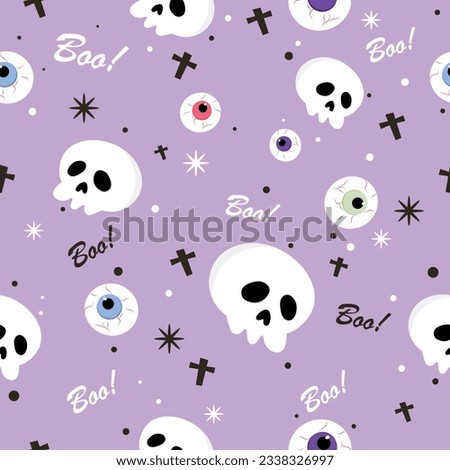 Halloween orange festive seamless pattern. Endless background with pumpkins, skulls, ghosts, bones, candies, spider web ,eye,autum and fall theme for paper,wrapping,carpet,wallpaper,fabric art work