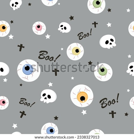 Halloween orange festive seamless pattern. Endless background with pumpkins, skulls, ghosts, bones, candies, spider web ,eye,autum and fall theme for paper,wrapping,carpet,wallpaper,fabric art work