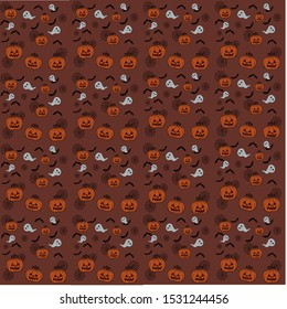 Halloween orange festive seamless pattern.Endless background with pumpkins,bats,cobwebs,ghosts.