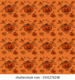 Halloween orange festive seamless pattern.Endless background with pumpkins,bats,cobwebs,ghosts.