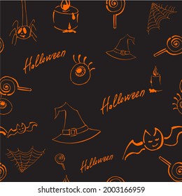 Halloween orange festive template. Endless background with pumpkin, candles, bat, spiders, hats, sweets, cobwebs, autumn leaves