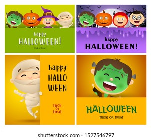 Halloween orange, green, violet banner set with monsters. Halloween, October, trick or treat. Lettering can be used for greeting cards, invitations, announcements