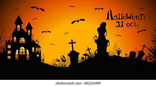 Halloween orange greeting card, placard, banner. Vector illustration