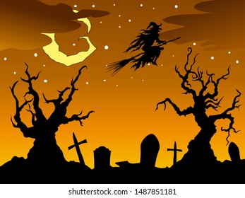 Halloween orange landscape with witch, dead trees, moon and graveyard. Hand drawn landscape with creepy symbols of halloween. Print a postcard for your friend or family. Good for site decoration.