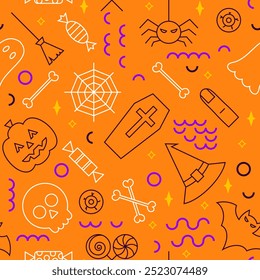 Halloween Orange Line Seamless Pattern. Vector Illustration of Outline and Linear Style. Trick or Treat Texture. Scary Party Background.