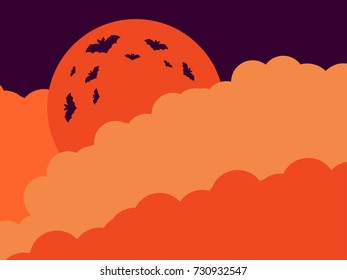 Halloween. Orange moon in the clouds of the bat. Vector illustration