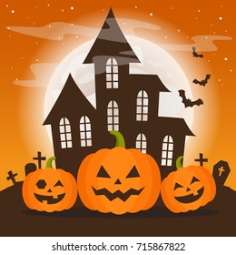 Halloween orange night with a big moon, haunted castle and grinning pumpkins. Vector illustration.