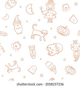 Halloween orange outline seamless pattern featuring costumes, a witch, a magic wand, a cat, a pumpkin, a moon, a cauldron, a ghost, an owl, a lantern, a magic ball, and stars