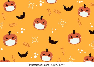 Halloween orange pattern pumpkin, jack o lantern candy, corona, covid, mask after pandemic
