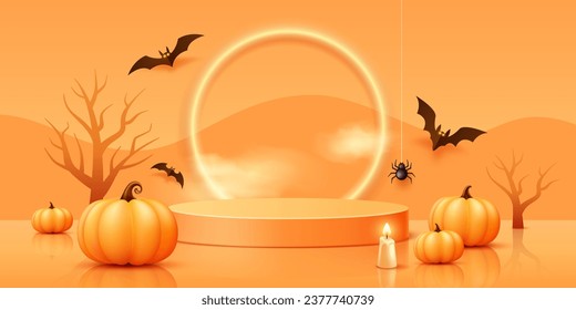 Halloween Orange podium 3D, realistic pumpkins, candle and bat flying, trees, spider web, banner design on orange background, Eps 10 vector illustration