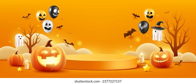 Podio anaranjado de Halloween, calabazas, fantasmas, velas y vuelo de murciélagos, globos, banner de diseño sobre fondo anaranjado, ilustración vectorial Eps 10