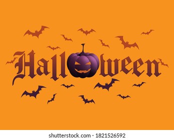 Halloween orange poster card with dark pumpkin and bats 