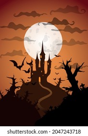 Halloween orange poster castle at night with full moon vertical a3, a4, a5 format size. Vector background