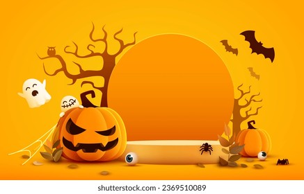 Halloween orange product display podium with pumpkins, bats and ghosts. Vector illustration