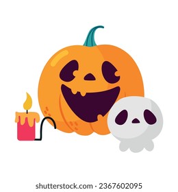 Halloween with Orange Pumpkin with Burning Candle and Skull Vector Illustration