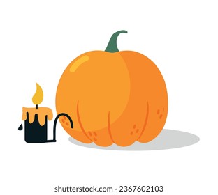 Halloween with Orange Pumpkin and Burning Candle Vector Illustration