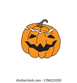 Halloween orange pumpkin character. Hand drawn doodle. Illustration for celebration, template and decoration. Stock vector illustration, isolated on white background.