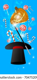 Halloween. Orange pumpkin fire from the magician's hat. Sweets and candies illustration for your design.