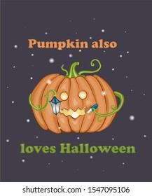 
Halloween orange pumpkin glowing with a flashlight vector