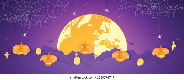 Halloween orange pumpkin head and graveyard on cloud with full moon, spider web with spider hanging, paper art style