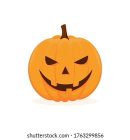 Halloween orange pumpkin isolated of white background. Сreepy and evil face, of the autumn holiday. Cartoon vector illustration.