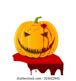 Halloween, orange pumpkin jack-o-lantern with bleeding wound