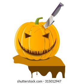 Halloween, orange pumpkin  jack-o-lantern with knife wound