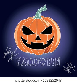 Halloween orange pumpkin on a gradient background. Halloween lettering outline. Vector illustration.