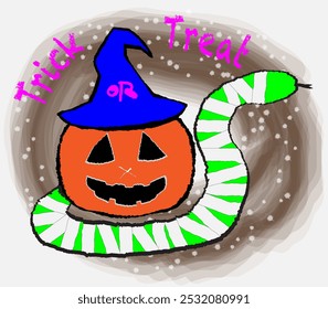 Halloween orange pumpkin put on blue hat and green snake wrapped with white stripes, with text Trick or Treat on grunge background