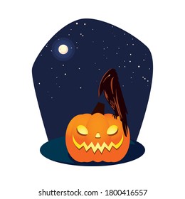 Halloween orange pumpkin with raven cartoon design, Holiday and scary theme Vector illustration