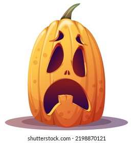 Halloween orange pumpkin with scared face on isolated background. Halloween holiday symbol.Cartoon vector illustration.