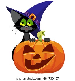 Halloween. Orange pumpkin smiling. Black cat in a lilac hat. Illustration for Halloween.